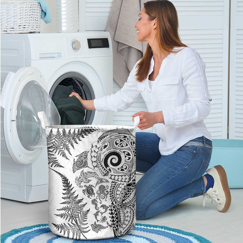 New Zealand Sea Animals Laundry Basket with Maori Koru Tribal Tattoo and Silver Ferns White Color