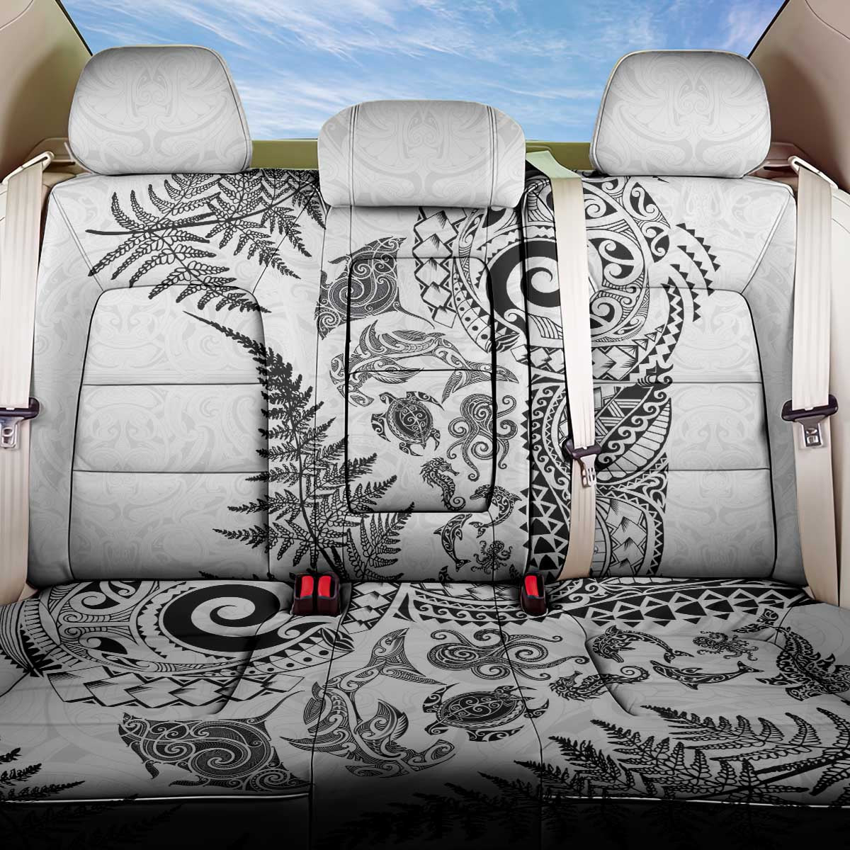 New Zealand Sea Animals Back Car Seat Cover with Maori Koru Tribal Tattoo and Silver Ferns White Color
