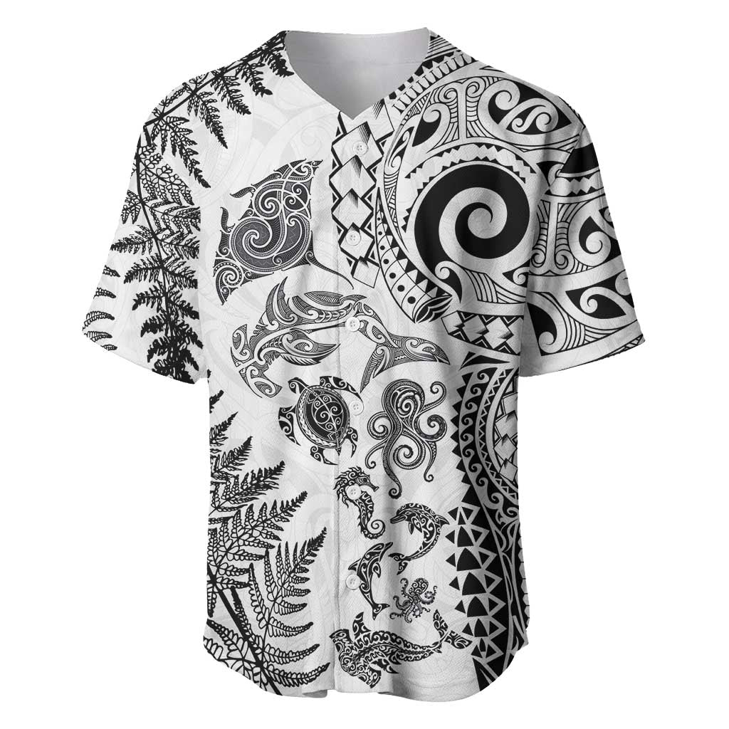 New Zealand Sea Animals Baseball Jersey with Maori Koru Tribal Tattoo and Silver Ferns White Color LT03 White - Polynesian Pride