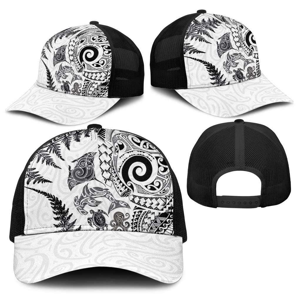 New Zealand Sea Animals Baseball Net Cap with Maori Koru Tribal Tattoo and Silver Ferns White Color LT03 - Polynesian Pride