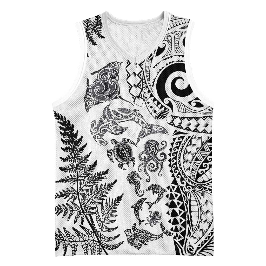 New Zealand Sea Animals Basketball Jersey with Maori Koru Tribal Tattoo and Silver Ferns White Color LT03 Unisex White - Polynesian Pride