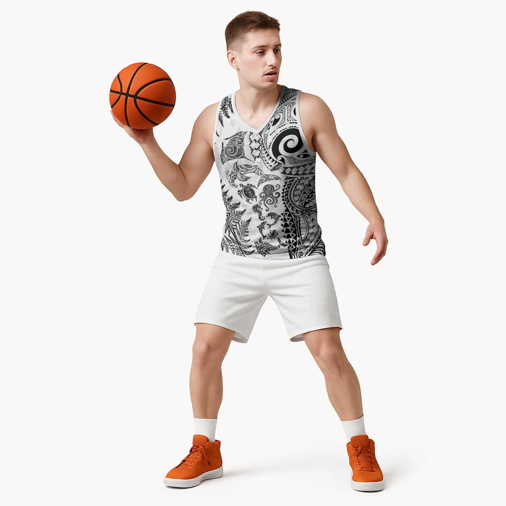 New Zealand Sea Animals Basketball Jersey with Maori Koru Tribal Tattoo and Silver Ferns White Color