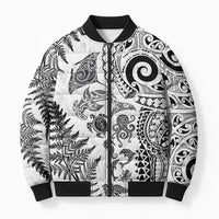 New Zealand Sea Animals Bomber Puffer Jacket with Maori Koru Tribal Tattoo and Silver Ferns White Color