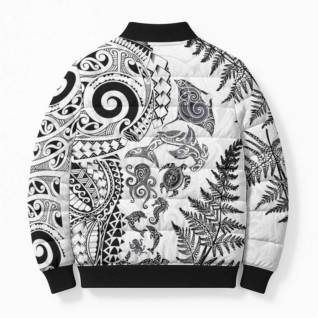 New Zealand Sea Animals Bomber Puffer Jacket with Maori Koru Tribal Tattoo and Silver Ferns White Color