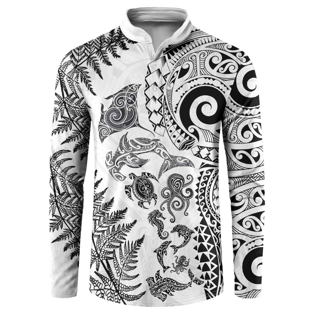 New Zealand Sea Animals Button Sweatshirt with Maori Koru Tribal Tattoo and Silver Ferns White Color LT03 White - Polynesian Pride