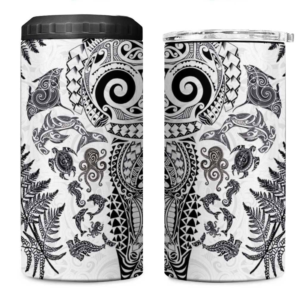 New Zealand Sea Animals 4 in 1 Can Cooler Tumbler with Maori Koru Tribal Tattoo and Silver Ferns White Color