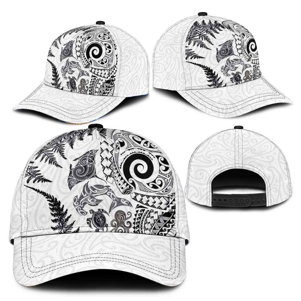 New Zealand Sea Animals Classic Cap with Maori Koru Tribal Tattoo and Silver Ferns White Color LT03 - Polynesian Pride