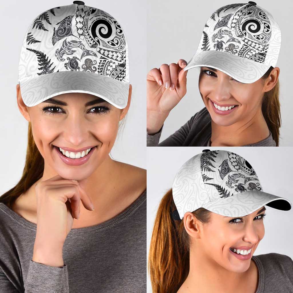 New Zealand Sea Animals Classic Cap with Maori Koru Tribal Tattoo and Silver Ferns White Color LT03 - Polynesian Pride