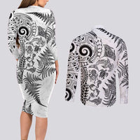 New Zealand Sea Animals Couples Matching Long Sleeve Bodycon Dress and Long Sleeve Button Shirt with Maori Koru Tribal Tattoo and Silver Ferns White Color