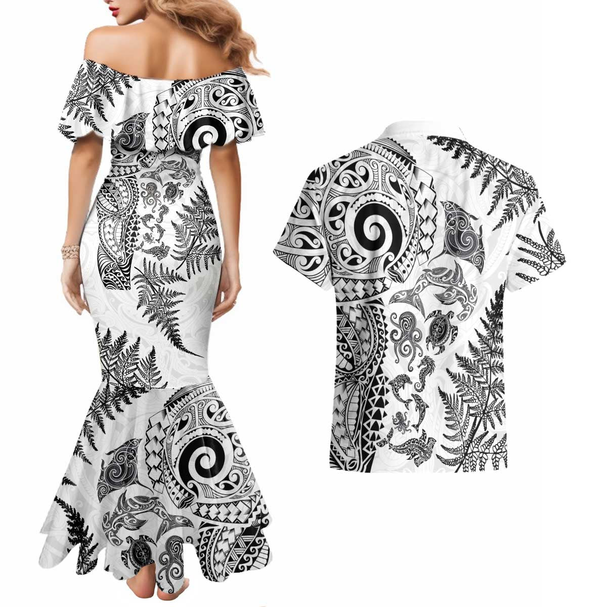 New Zealand Sea Animals Couples Matching Mermaid Dress and Hawaiian Shirt with Maori Koru Tribal Tattoo and Silver Ferns White Color