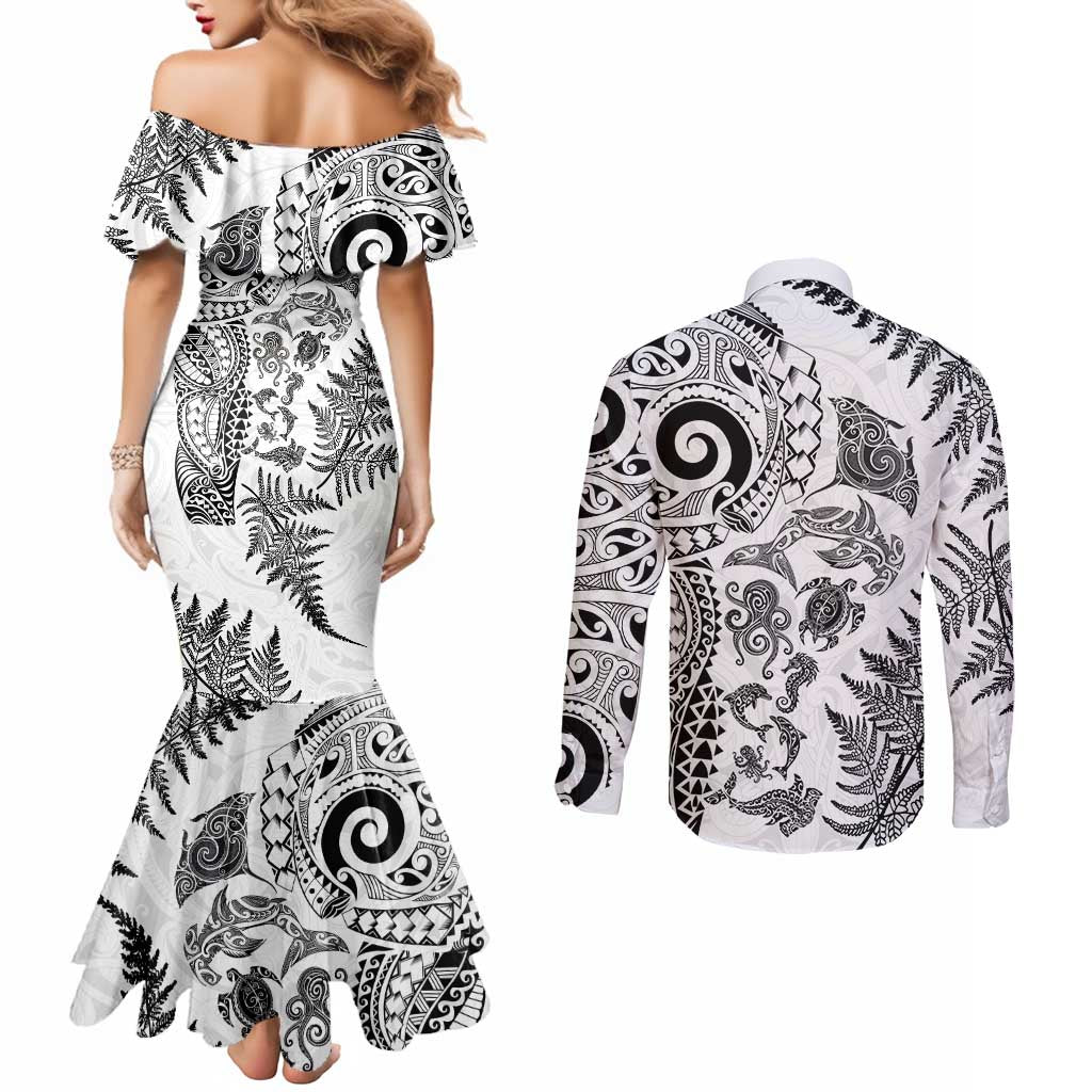 New Zealand Sea Animals Couples Matching Mermaid Dress and Long Sleeve Button Shirt with Maori Koru Tribal Tattoo and Silver Ferns White Color