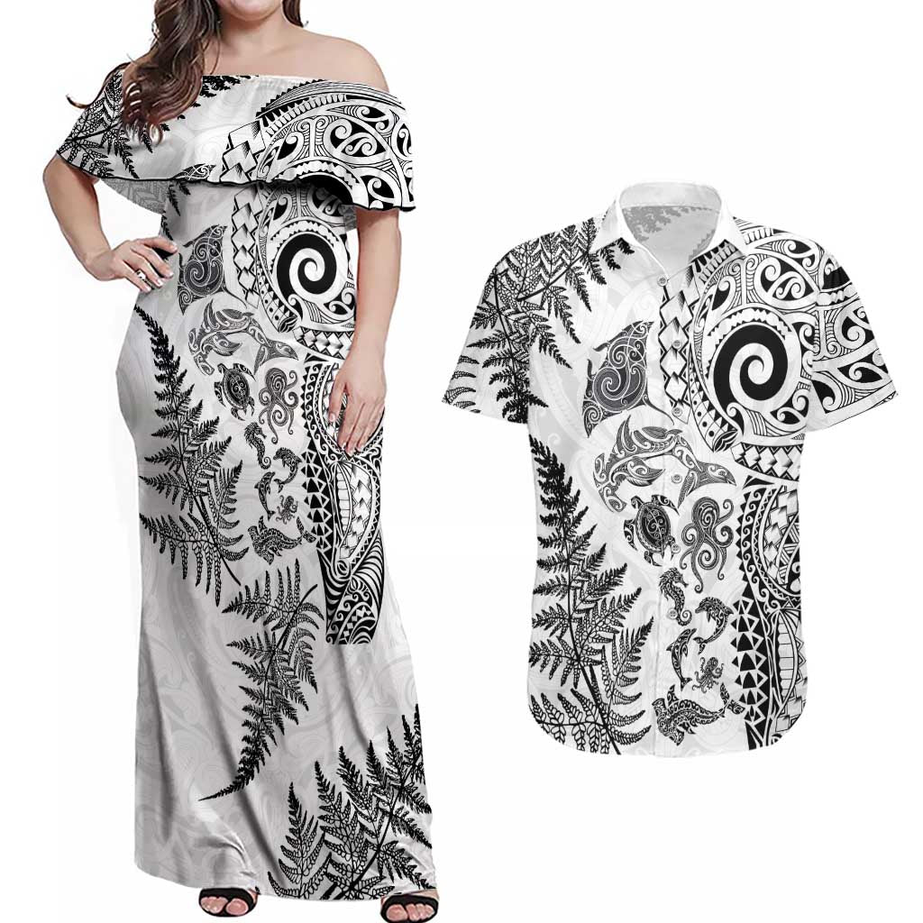 New Zealand Sea Animals Couples Matching Off Shoulder Maxi Dress and Hawaiian Shirt with Maori Koru Tribal Tattoo and Silver Ferns White Color