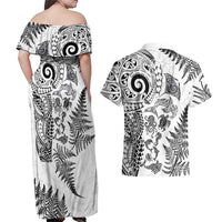 New Zealand Sea Animals Couples Matching Off Shoulder Maxi Dress and Hawaiian Shirt with Maori Koru Tribal Tattoo and Silver Ferns White Color