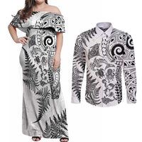 New Zealand Sea Animals Couples Matching Off Shoulder Maxi Dress and Long Sleeve Button Shirt with Maori Koru Tribal Tattoo and Silver Ferns White Color