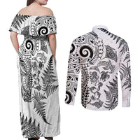 New Zealand Sea Animals Couples Matching Off Shoulder Maxi Dress and Long Sleeve Button Shirt with Maori Koru Tribal Tattoo and Silver Ferns White Color