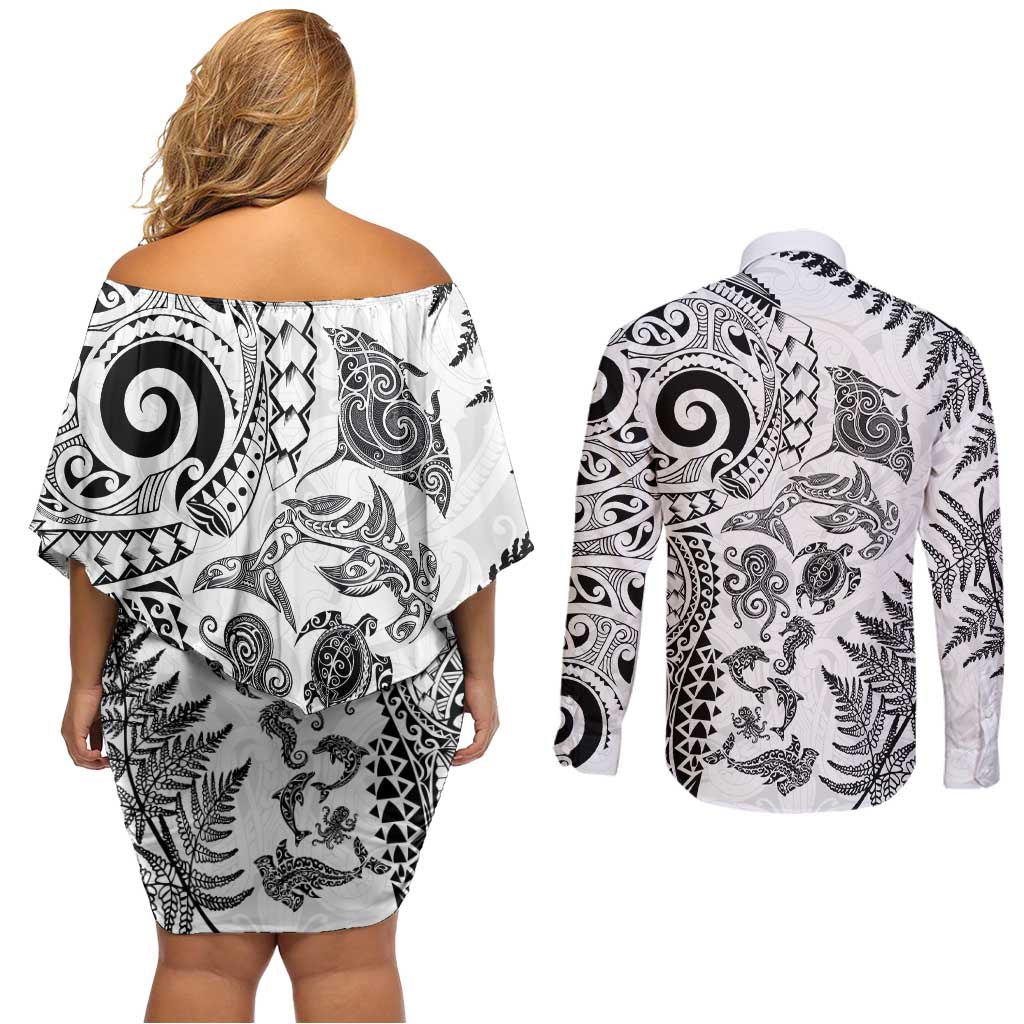 New Zealand Sea Animals Couples Matching Off Shoulder Short Dress and Long Sleeve Button Shirt with Maori Koru Tribal Tattoo and Silver Ferns White Color