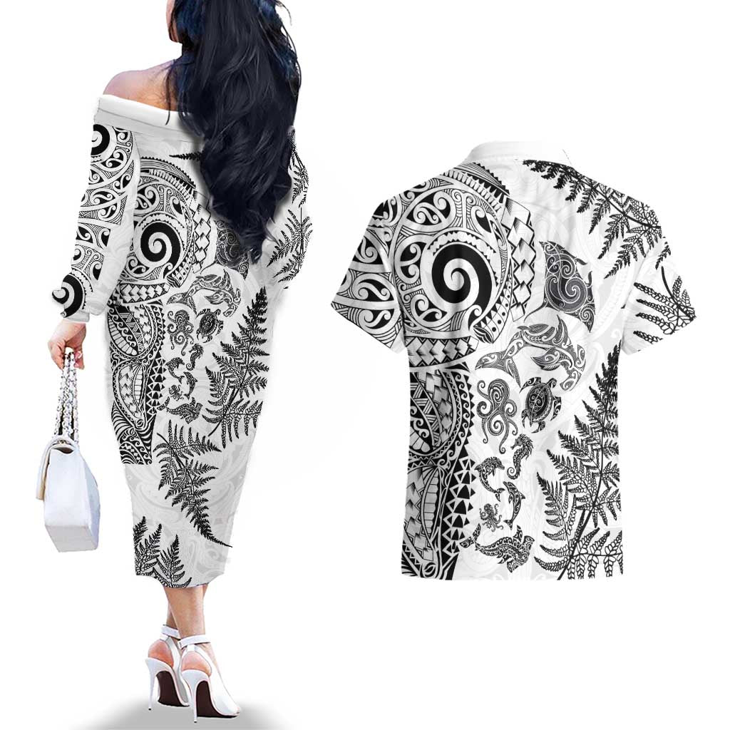 New Zealand Sea Animals Couples Matching Off The Shoulder Long Sleeve Dress and Hawaiian Shirt with Maori Koru Tribal Tattoo and Silver Ferns White Color