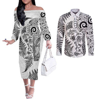 New Zealand Sea Animals Couples Matching Off The Shoulder Long Sleeve Dress and Long Sleeve Button Shirt with Maori Koru Tribal Tattoo and Silver Ferns White Color