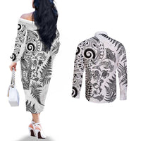 New Zealand Sea Animals Couples Matching Off The Shoulder Long Sleeve Dress and Long Sleeve Button Shirt with Maori Koru Tribal Tattoo and Silver Ferns White Color