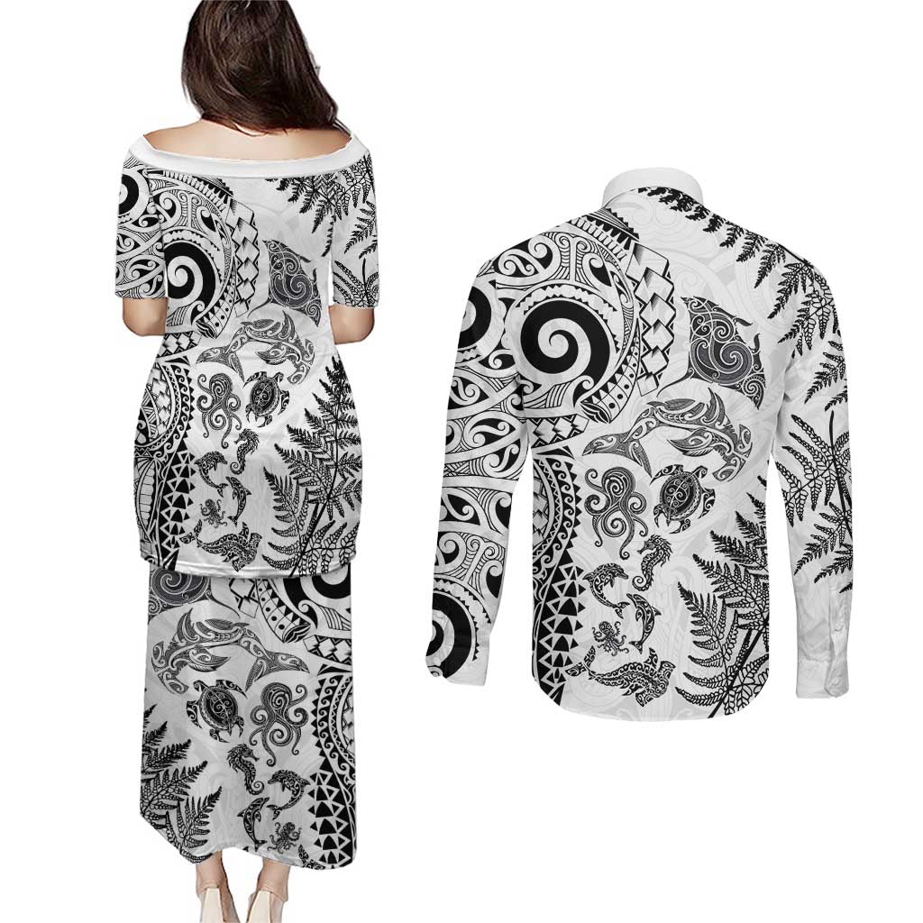 New Zealand Sea Animals Couples Matching Puletasi and Long Sleeve Button Shirt with Maori Koru Tribal Tattoo and Silver Ferns White Color