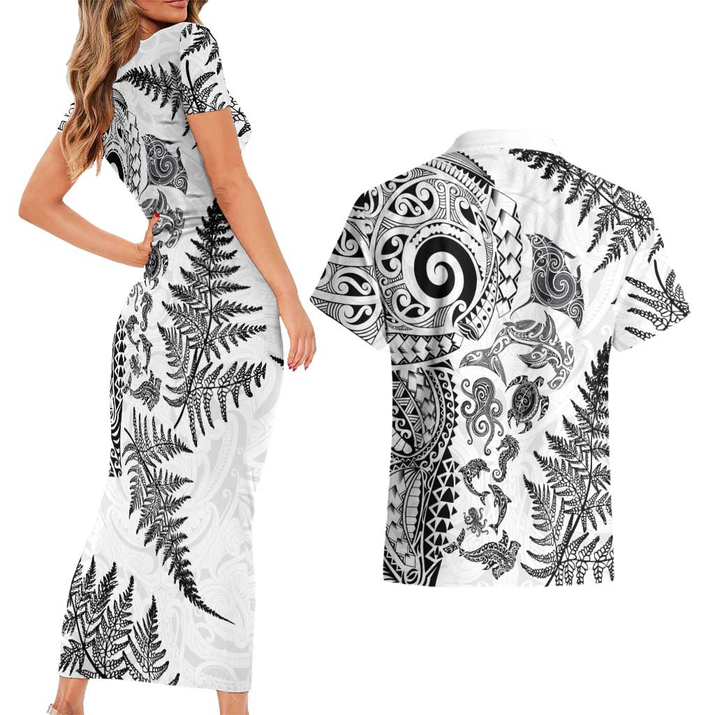New Zealand Sea Animals Couples Matching Short Sleeve Bodycon Dress and Hawaiian Shirt with Maori Koru Tribal Tattoo and Silver Ferns White Color