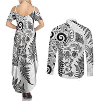 New Zealand Sea Animals Couples Matching Summer Maxi Dress and Long Sleeve Button Shirt with Maori Koru Tribal Tattoo and Silver Ferns White Color