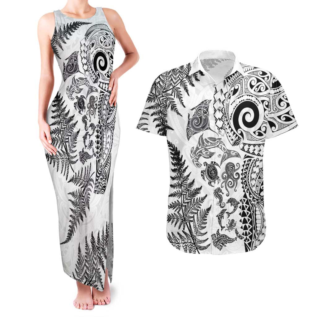 New Zealand Sea Animals Couples Matching Tank Maxi Dress and Hawaiian Shirt with Maori Koru Tribal Tattoo and Silver Ferns White Color