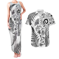 New Zealand Sea Animals Couples Matching Tank Maxi Dress and Hawaiian Shirt with Maori Koru Tribal Tattoo and Silver Ferns White Color