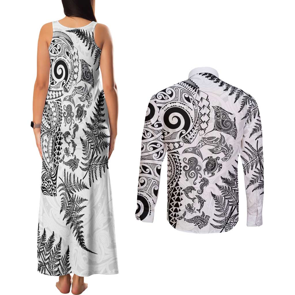 New Zealand Sea Animals Couples Matching Tank Maxi Dress and Long Sleeve Button Shirt with Maori Koru Tribal Tattoo and Silver Ferns White Color