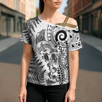New Zealand Sea Animals Cross Shoulder Shirt with Maori Koru Tribal Tattoo and Silver Ferns White Color