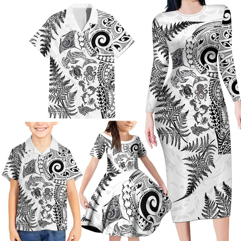 New Zealand Sea Animals Family Matching Long Sleeve Bodycon Dress and Hawaiian Shirt with Maori Koru Tribal Tattoo and Silver Ferns White Color
