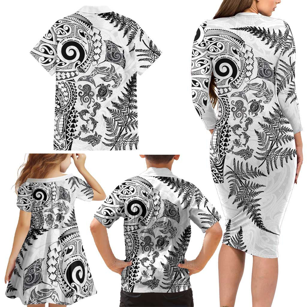 New Zealand Sea Animals Family Matching Long Sleeve Bodycon Dress and Hawaiian Shirt with Maori Koru Tribal Tattoo and Silver Ferns White Color