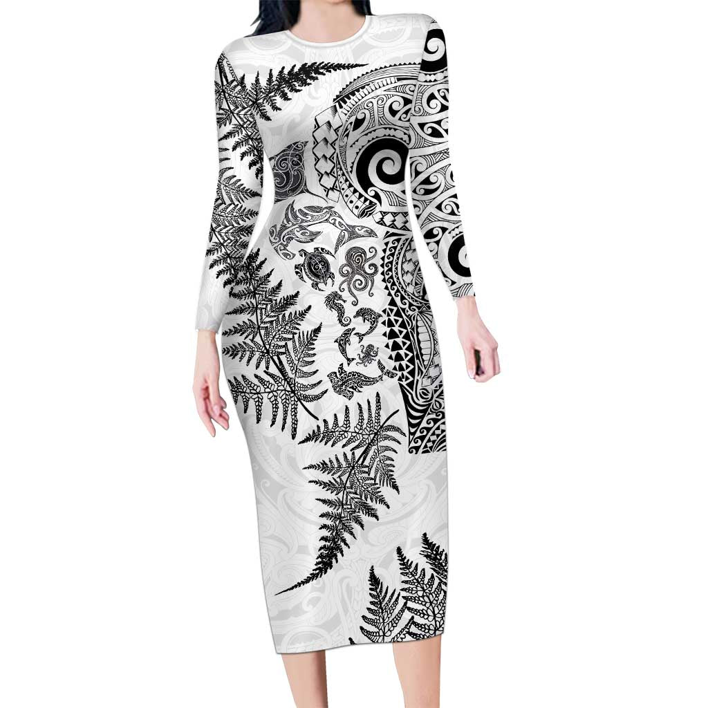 New Zealand Sea Animals Family Matching Long Sleeve Bodycon Dress and Hawaiian Shirt with Maori Koru Tribal Tattoo and Silver Ferns White Color