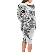 New Zealand Sea Animals Family Matching Long Sleeve Bodycon Dress and Hawaiian Shirt with Maori Koru Tribal Tattoo and Silver Ferns White Color