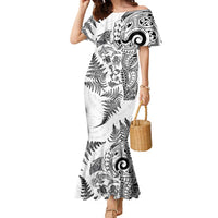 New Zealand Sea Animals Family Matching Mermaid Dress and Hawaiian Shirt with Maori Koru Tribal Tattoo and Silver Ferns White Color