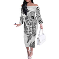 New Zealand Sea Animals Family Matching Off The Shoulder Long Sleeve Dress and Hawaiian Shirt with Maori Koru Tribal Tattoo and Silver Ferns White Color