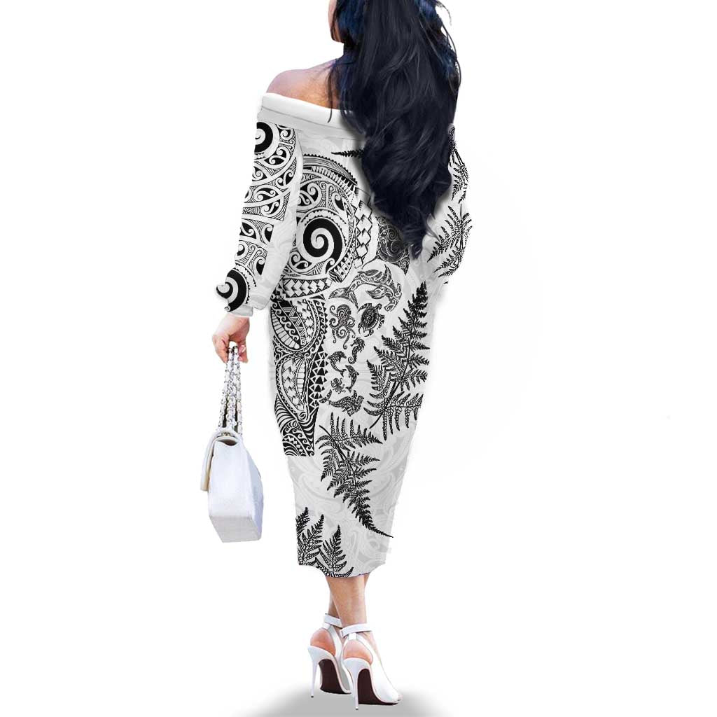 New Zealand Sea Animals Family Matching Off The Shoulder Long Sleeve Dress and Hawaiian Shirt with Maori Koru Tribal Tattoo and Silver Ferns White Color