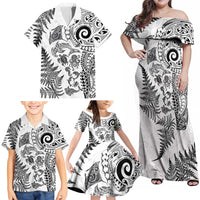 New Zealand Sea Animals Family Matching Off Shoulder Maxi Dress and Hawaiian Shirt with Maori Koru Tribal Tattoo and Silver Ferns White Color