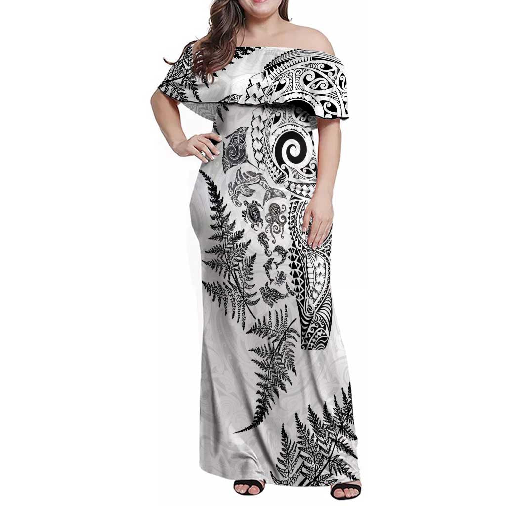 New Zealand Sea Animals Family Matching Off Shoulder Maxi Dress and Hawaiian Shirt with Maori Koru Tribal Tattoo and Silver Ferns White Color