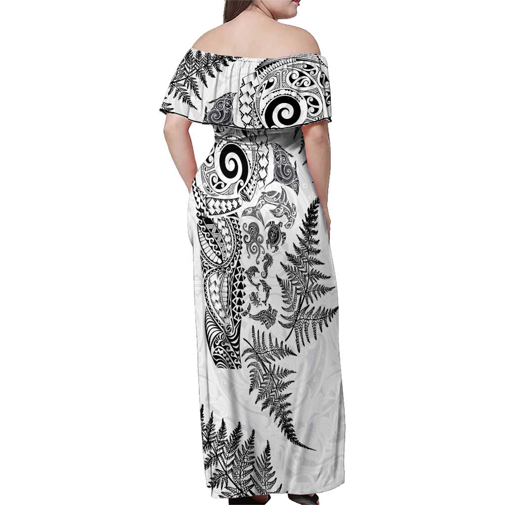 New Zealand Sea Animals Family Matching Off Shoulder Maxi Dress and Hawaiian Shirt with Maori Koru Tribal Tattoo and Silver Ferns White Color