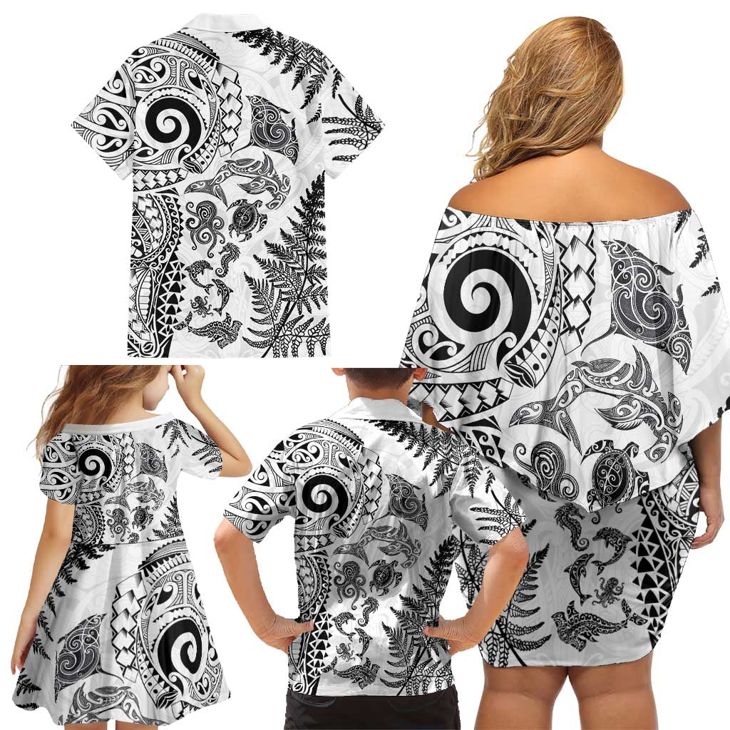 New Zealand Sea Animals Family Matching Off Shoulder Short Dress and Hawaiian Shirt with Maori Koru Tribal Tattoo and Silver Ferns White Color