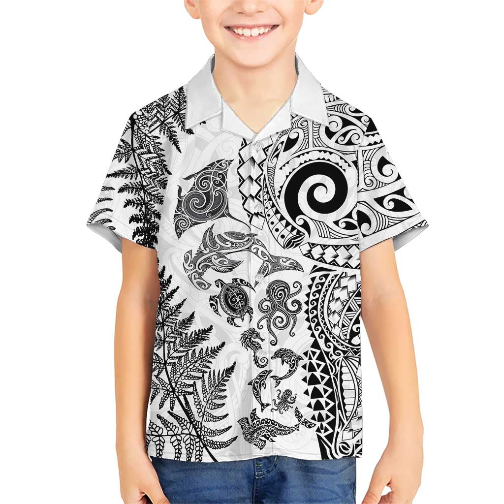 New Zealand Sea Animals Family Matching Off Shoulder Short Dress and Hawaiian Shirt with Maori Koru Tribal Tattoo and Silver Ferns White Color