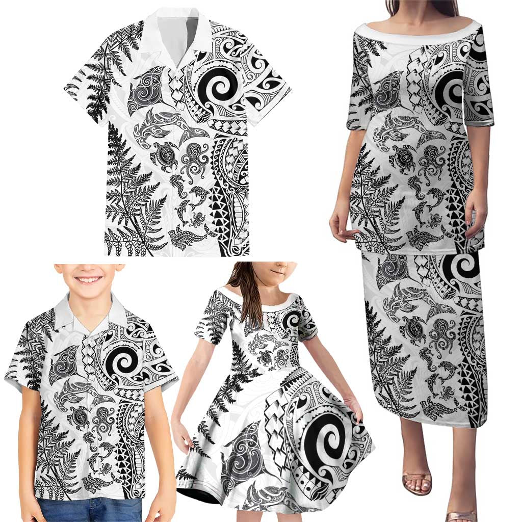 New Zealand Sea Animals Family Matching Puletasi and Hawaiian Shirt with Maori Koru Tribal Tattoo and Silver Ferns White Color