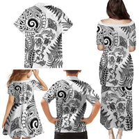 New Zealand Sea Animals Family Matching Puletasi and Hawaiian Shirt with Maori Koru Tribal Tattoo and Silver Ferns White Color