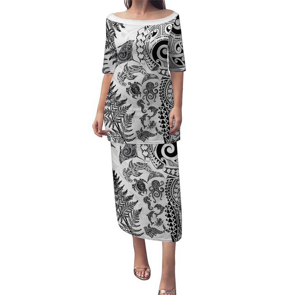 New Zealand Sea Animals Family Matching Puletasi and Hawaiian Shirt with Maori Koru Tribal Tattoo and Silver Ferns White Color