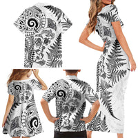 New Zealand Sea Animals Family Matching Short Sleeve Bodycon Dress and Hawaiian Shirt with Maori Koru Tribal Tattoo and Silver Ferns White Color