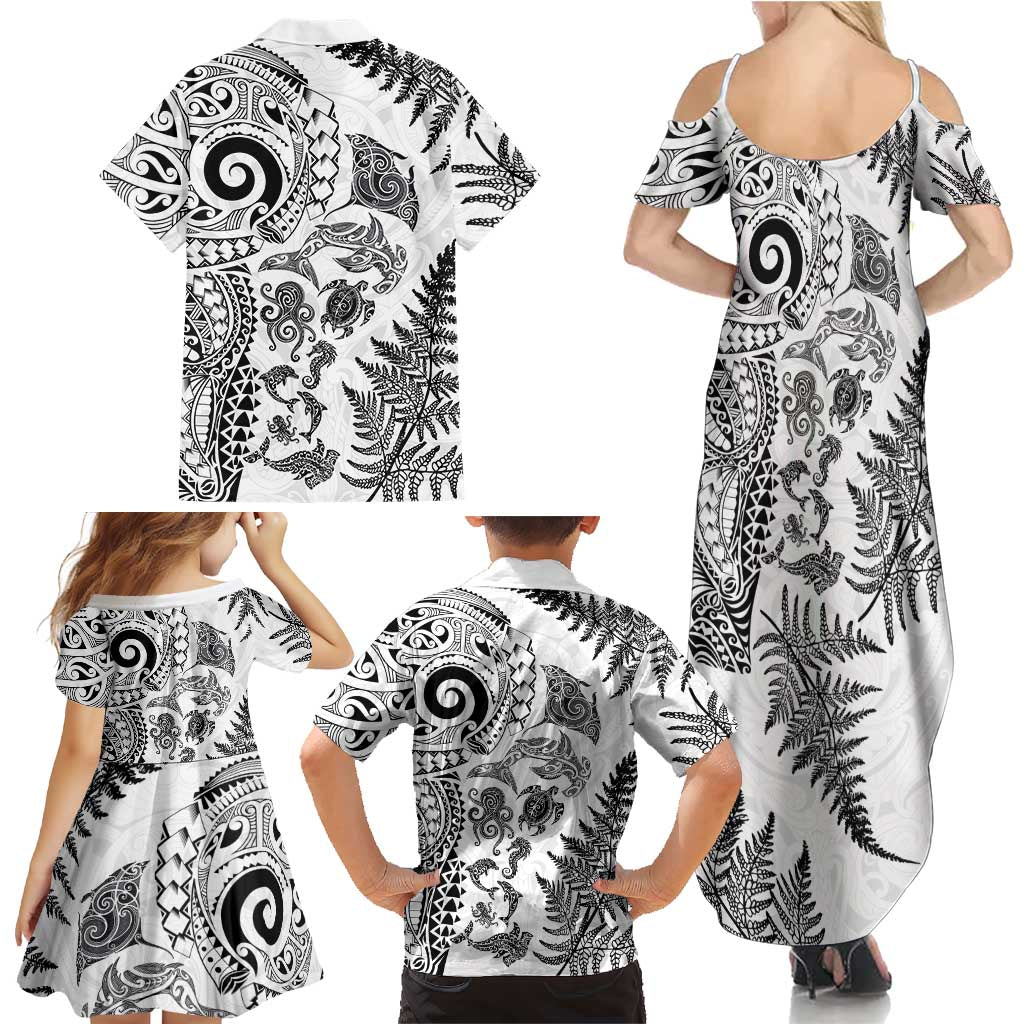 New Zealand Sea Animals Family Matching Summer Maxi Dress and Hawaiian Shirt with Maori Koru Tribal Tattoo and Silver Ferns White Color