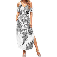 New Zealand Sea Animals Family Matching Summer Maxi Dress and Hawaiian Shirt with Maori Koru Tribal Tattoo and Silver Ferns White Color