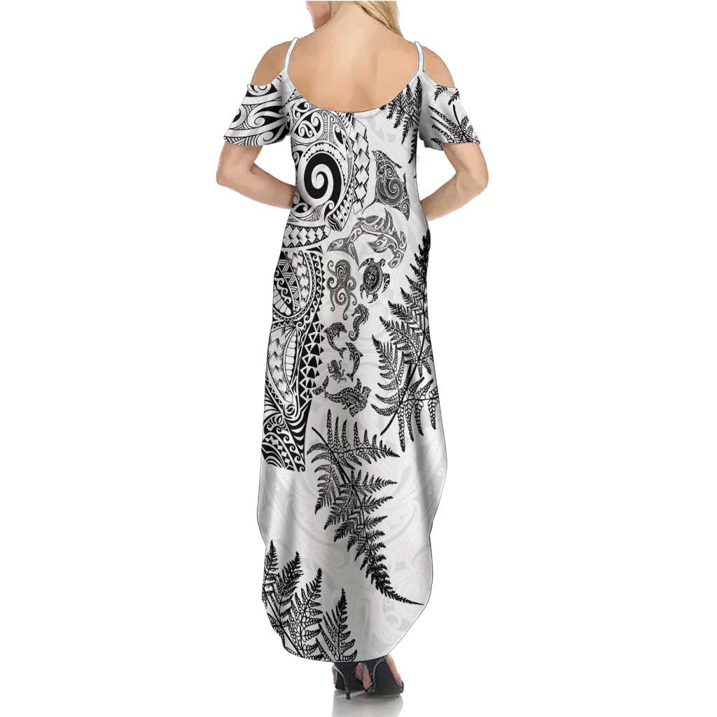 New Zealand Sea Animals Family Matching Summer Maxi Dress and Hawaiian Shirt with Maori Koru Tribal Tattoo and Silver Ferns White Color