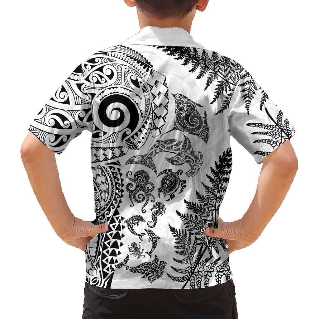 New Zealand Sea Animals Family Matching Tank Maxi Dress and Hawaiian Shirt with Maori Koru Tribal Tattoo and Silver Ferns White Color